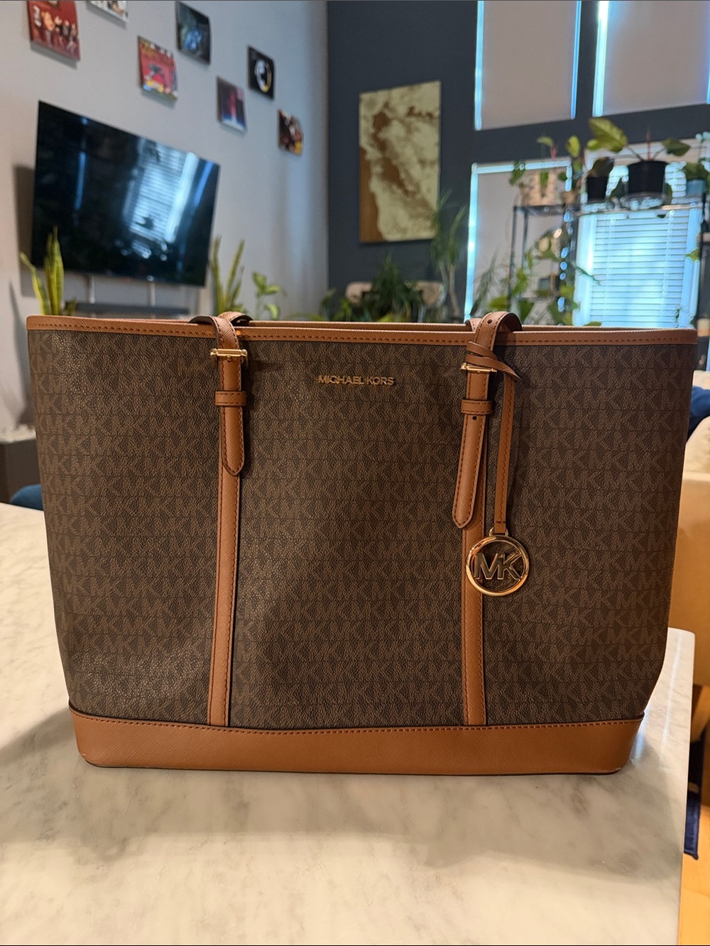Michael Kors Jet Set Travel Large TZ Shoulder Tote Brown Signature MK